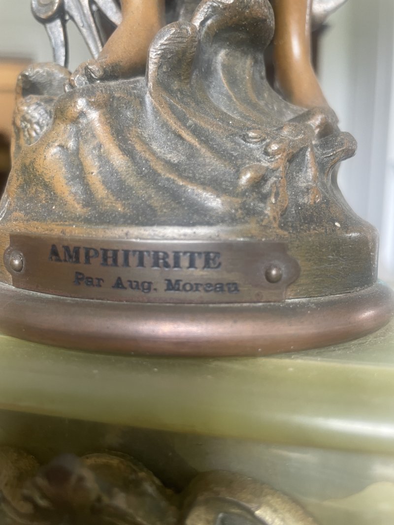 Antique French Onyx and Spelter Clock depicting Amphitrite after Auguste Moreau - Image 10